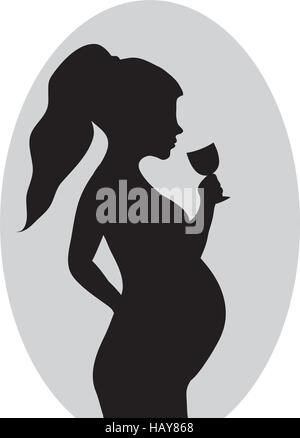 Gravidanza Non si beve alcool. Rosso segno di divieto-donna incinta con un bicchiere di vino. Illustrazione Vettoriale