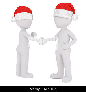 Due personaggi 3d in cappelli di Babbo Natale in piedi agitando mani concettuale del un affare, accordo di partenariato o di benvenuto, reso illustratio Foto Stock