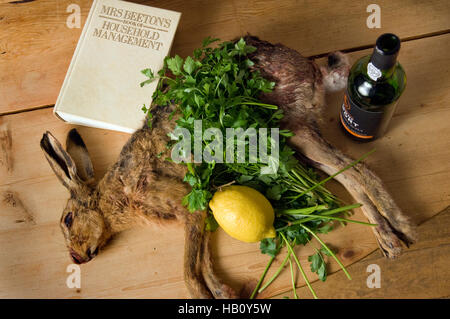 Una lepre su una tavola di pino, pronti da cucinare lepre in salmì, da una ricetta in MRS.beeton del libro di cucina. Foto Stock