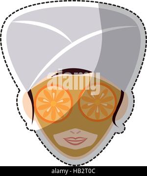 Adesivo di cartoon donna viso con maschera relax. naturale centro spa concept. design colorato. illustrazione vettoriale Illustrazione Vettoriale