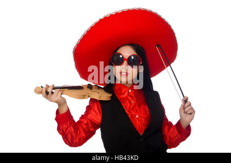 Donna messicana con violino isolato su bianco Foto Stock