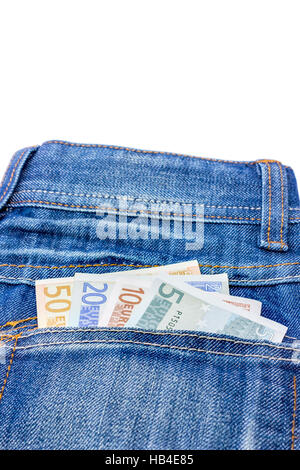 Varie banconote in jeans tasca posteriore Foto Stock