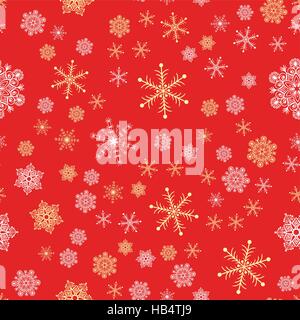 Natale pattern senza giunture da fiocchi di neve di forme diverse su uno sfondo di colore rosso. Sfondo Inverno illustrazione vettoriale per tessuto, confezionamento, web, pos Illustrazione Vettoriale