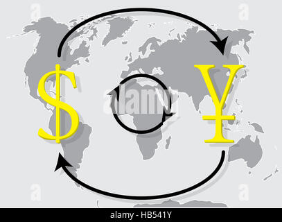 Cambio valuta yen giapponese dollaro sulla mappa del mondo sullo sfondo. Lo scambio di denaro e valuta estera, illustrazione vettoriale Foto Stock