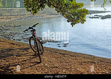 Bicicletta parcheggiata in corrispondenza del percorso di elevata mentre in bicicletta lungo la costa al Bambolim in Goa, India Foto Stock