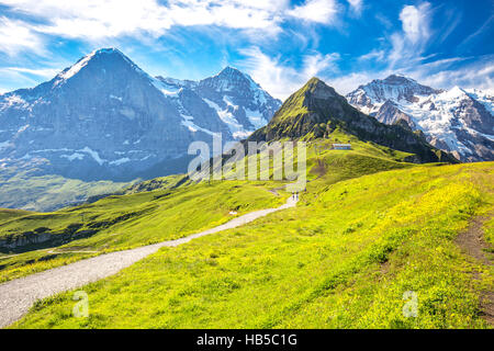 Eiger, Monch e Jungfrau da Mannlichen nelle Alpi svizzere, Berner Oberland, Grindelwald, Svizzera Foto Stock