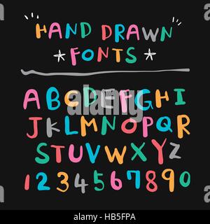 Colorato disegnato a mano design font su sfondo nero Illustrazione Vettoriale