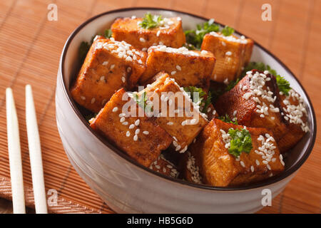 Cibo vegetariano: tofu fritto con sesamo in salsa di soia in una ciotola di close-up orizzontale. Foto Stock