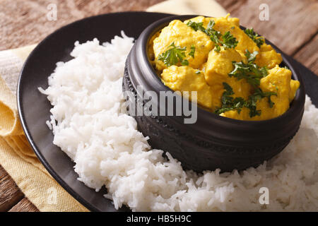 Il cibo indiano è Chicken Korma con contorno di riso basmati vicino sul tavolo orizzontale. Foto Stock