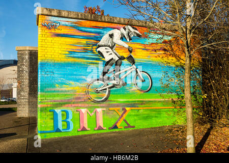 Carta murale di una BMX biker, su un ex viadotto ferroviario pilastro, nazionale centro ciclistico, Clayton, Manchester, Inghilterra, Regno Unito Foto Stock