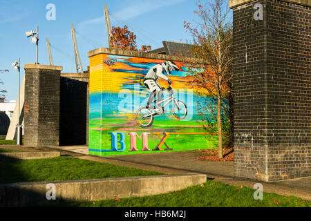 Carta murale di una BMX biker, su un ex viadotto ferroviario pilastro, nazionale centro ciclistico, Clayton, Manchester, Inghilterra, Regno Unito Foto Stock