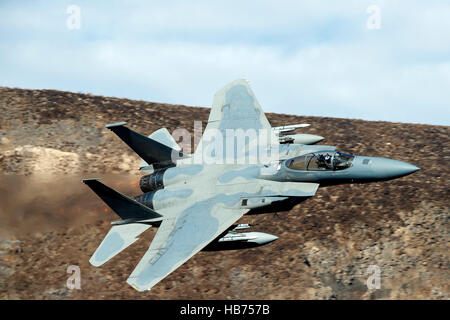 McDonnell Douglas F-15C Eagle dal California Air National Guard, USAF 144Fighter Wing, vola basso livello attraverso la transizione Jedi, Star Wars Canyon, il Parco Nazionale della Valle della Morte, California, Stati Uniti d'America Foto Stock