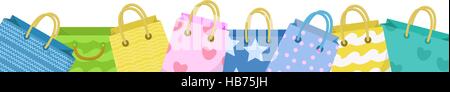 Carino shopping bag banner. Sacchetti colorati con diversi design bordo. Carta di spazio per il testo. Confezione regalo. Illustrazione Vettoriale Illustrazione Vettoriale