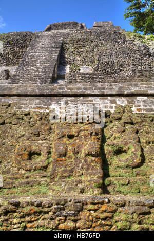 Maschera di stucco, il Tempio alta, Lamanai Sito Maya, Belize Foto Stock