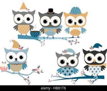 Carino inverno gufi con cappelli e sciarpe sui rami di alberi in blu e grigio, inverno uccelli, animali in uno stile piatto Illustrazione Vettoriale