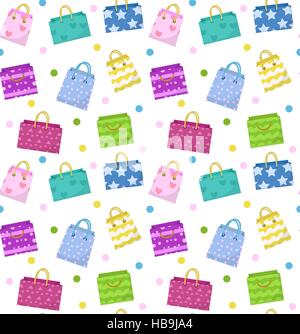 Carino shopping bag seamless pattern. Sacchetti colorati con design diverso sullo sfondo. Carta sfondo infinito, texture. Confezione regalo. Illustrazione Vettoriale Illustrazione Vettoriale