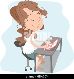 Cartoon ragazza utilizzando il computer portatile per navigare in Internet. Illustrazione Vettoriale