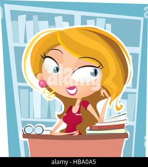 Cartoon bella bibliotecario seduta sul banco di lavoro presso la biblioteca. Illustrazione Vettoriale