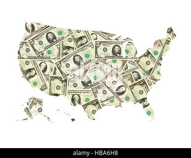 Mappa di Stati Uniti d'America da dollari isolato Foto Stock