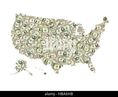 Mappa di Stati Uniti d'America da dollari isolato Foto Stock