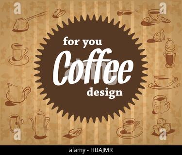 Logo di caffè sul cartone sfondo in stile vintage con il dolce e divertente design party che include dolci, tazze di inventario. Illustrazione Vettoriale