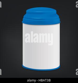 Rotonda bianca confezione stagno con coperchio blu isolato su sfondo nero Illustrazione Vettoriale