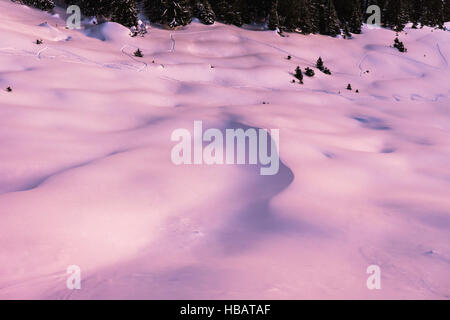 Neve profonda sul versante Teufelstattkopf presso sunrise, Oberammergau, Baviera, Germania Foto Stock