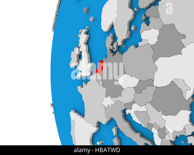 Mappa 3D di Paesi Bassi focalizzato in rosso sul globo semplice. 3D illustrazione Foto Stock