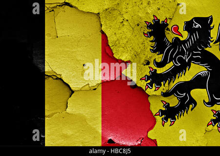 Bandiere di Belgio e Fiandre dipinta sulla parete incrinato Foto Stock