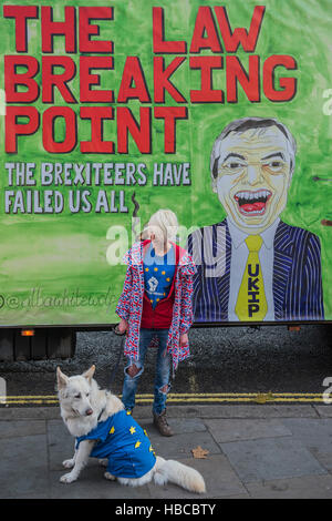 Londra, Regno Unito. 5 Dic, 2016. Rimanere campaiigner con il suo cane e un annuncio van - La Corte Suprema inizia la sua audizione sul caso per il governo con la prerogativa regale per innescare l'articolo 50 del trattato di Lisbona, al fine di avviare il Regno Unito il recesso dal UE. Contro il Governo sono Gina Millar e il suo team supportato da Charlie Mullins di Pimlico idraulici. Credito: Guy Bell/Alamy Live News Foto Stock