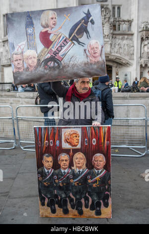 Londra, Regno Unito. 5 Dic, 2016. Artista satirico Kaya Mar con le sue ultime opere - La Corte Suprema inizia la sua audizione sul caso per il governo con la prerogativa regale per innescare l'articolo 50 del trattato di Lisbona, al fine di avviare il Regno Unito il recesso dal UE. Contro il Governo sono Gina Millar e il suo team supportato da Charlie Mullins di Pimlico idraulici. Credito: Guy Bell/Alamy Live News Foto Stock