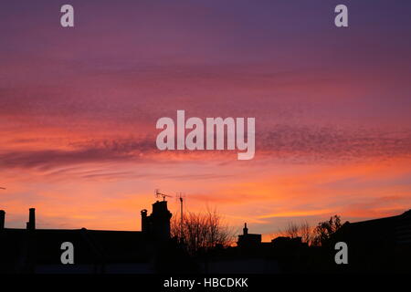 Westcliff on Sea, Essex, Regno Unito. 5 Dic, 2016. Regno Unito meteo. Red Sky dal sole al tramonto sopra i comignoli e tetti. Credito: Penelope Barritt/Alamy Live News Foto Stock