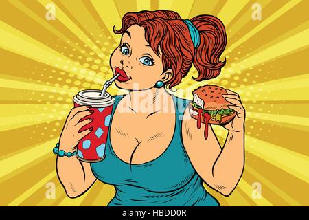 Giovane donna Cola da bere e mangiare hamburger Illustrazione Vettoriale