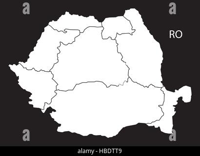 La Romania regioni Mappa bianco nero Illustrazione Vettoriale