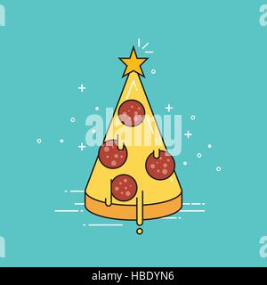 Pizza albero di Natale con Stella sulla parte superiore. Design piatto illustrazione vettoriale. Illustrazione Vettoriale