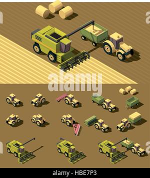 Isometrica del vettore low poly macchine agricole Illustrazione Vettoriale