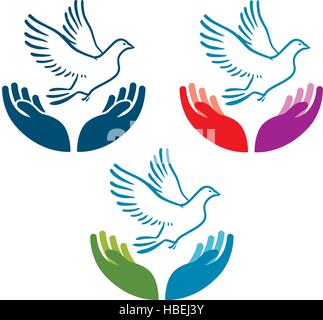 Piccione di pace volare da aprire le mani e la relativa icona. La carità, ecologia, ambiente naturale logo vettoriale o simbolo Illustrazione Vettoriale