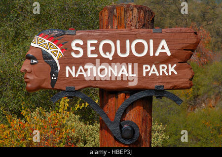 Monte Ceneri ingresso Sign in autunno, intagliati a mano in legno di sequoia, George W. Munro 1935, Sequoia National Park Foto Stock