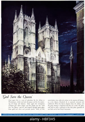 Anni Cinquanta pubblicità pubblicità dal vecchio originale vintage 50s rivista inglese datato 1953 pubblicità per Dunlop Rubber Company Limited celebrando l incoronazione della Regina Elisabetta II Foto Stock