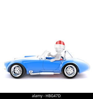 3d uomo in un rosso cappello di Natale alla guida di una smart blue open top auto sportiva dando un pollice in alto gesto isolato reso illustrazione su bianco Foto Stock