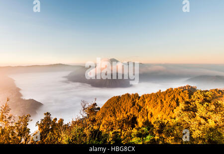 Monte Bromo, sunrise, vulcano in nuvole, Monte Batok, Mount Kursi, Monte Semeru, Bromo Tengger Semeru National Park, Java Foto Stock
