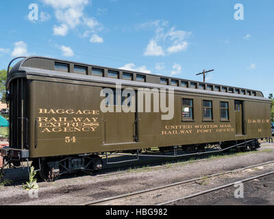 Stazione ferroviaria Agenzia Express bagaglio auto, Cumbres & Toltec Scenic Railroad, Chama, Nuovo Messico. Foto Stock