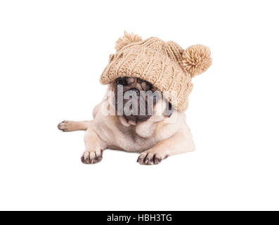 Bella pug cucciolo di cane sdraiato e indossando berretto lavorato a maglia con pompon, isolati su sfondo bianco Foto Stock