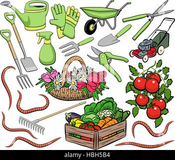 Set di giardinaggio di vettore clip art inclusi strumenti, produrre e worm Illustrazione Vettoriale