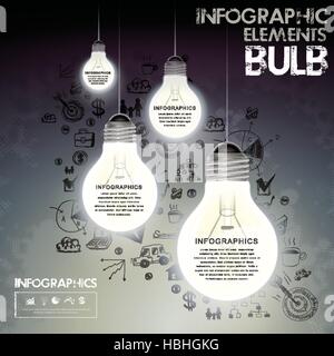 Modello creativo con le lampadine e disegnati a mano, in background può essere usata per infographics e striscioni o manifesti, concetto illustrazione vettoriale Illustrazione Vettoriale