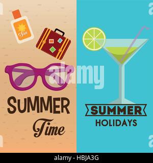 Orario estivo volantini vacanze estive cocktail occhiali da sole la valigia grafica illustrazione vettoriale EPS 10 Illustrazione Vettoriale