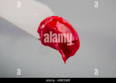 Olio rosso di vernice sulla punta di coltello palet Foto Stock