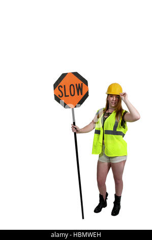 Workman con il segnale di arresto Foto Stock