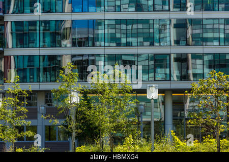 Grande edificio in vetro ornato da alberi vicini Foto Stock