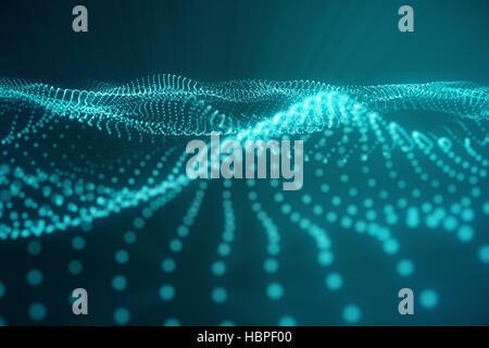 Rendering 3D sfondo del paesaggio. Il cyberspazio paesaggio griglia. La tecnologia 3d. Abstract paesaggio blu su sfondo nero con raggi di luce Foto Stock